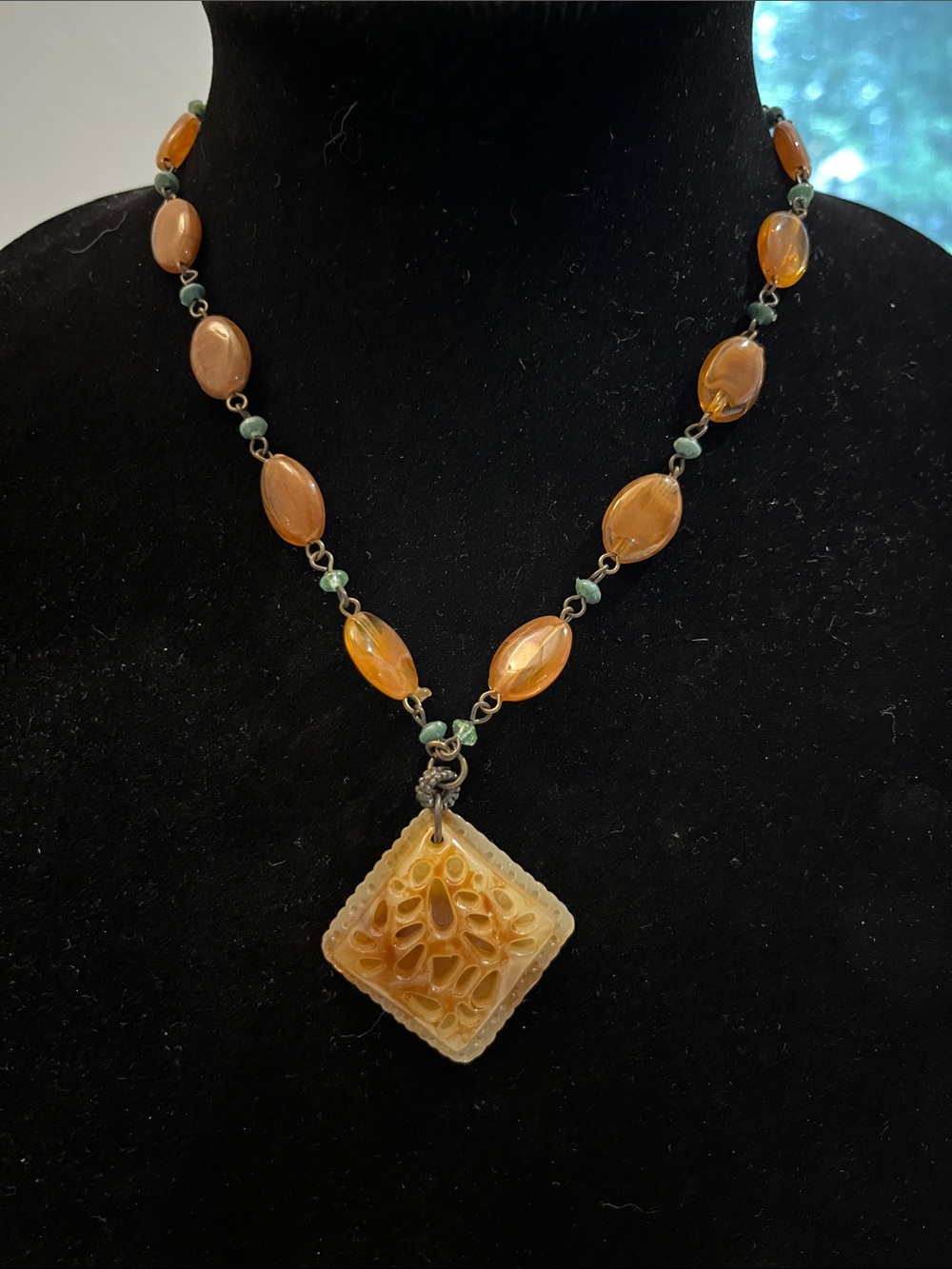Vintage Art Deco Style Carved Amber Tone Pendent Necklace